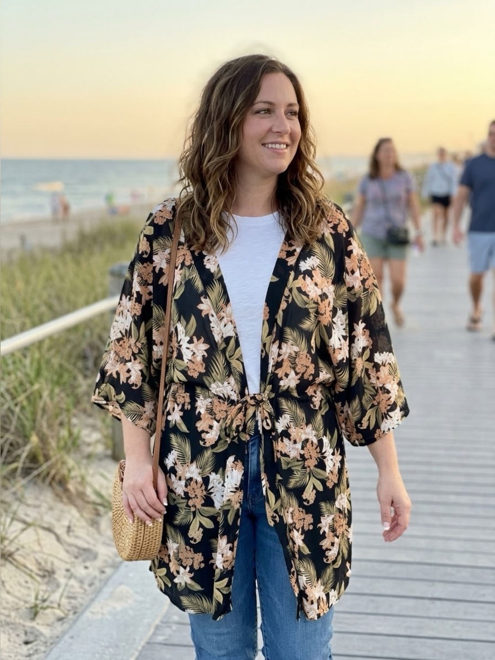 Black Floral Tie-Front Swim Coverup Kimono